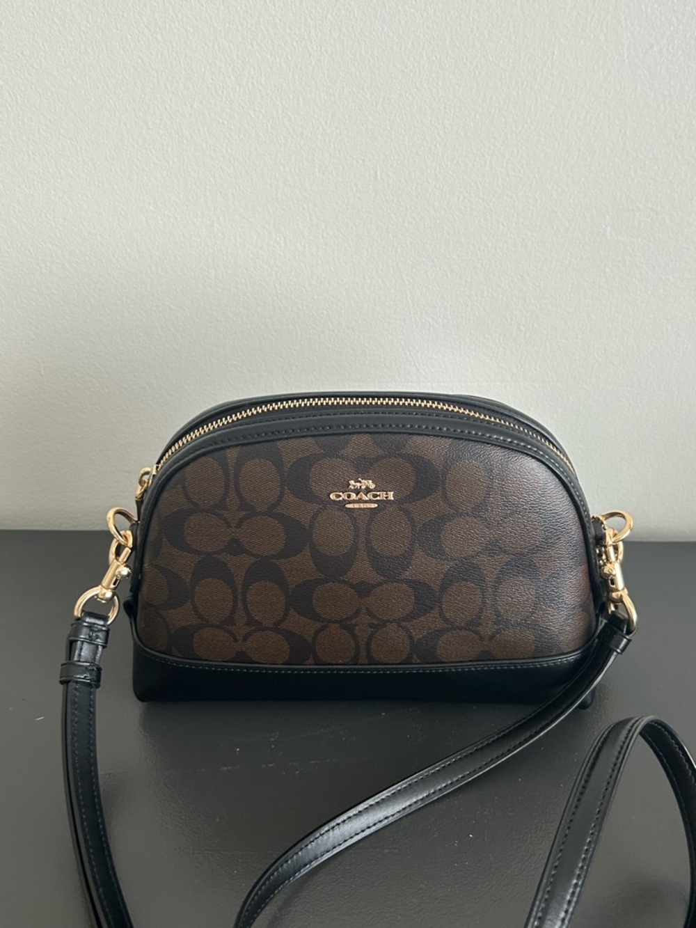Coach Signature Crossbody Brown Black Leather Trim Gold Hardware shoulder bag - Picture 13 of 14